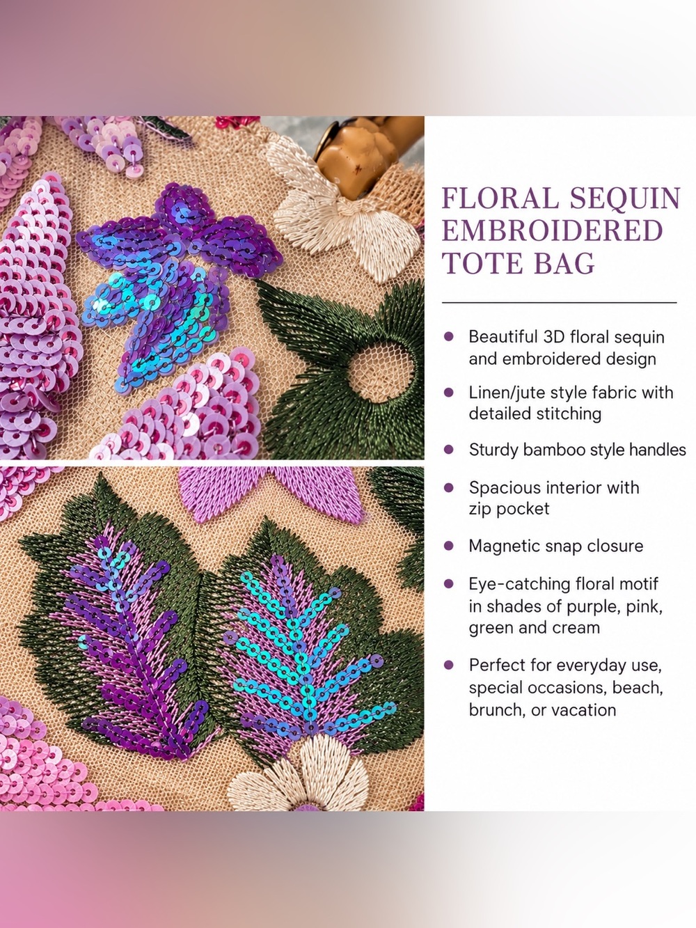 Floral Sequin Embroidered Tote Bag - Picture 2 of 3